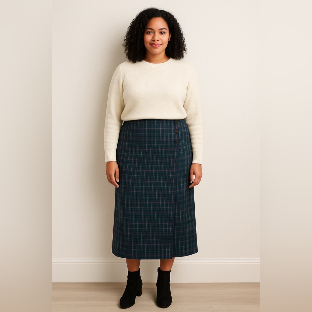 Jantzen Vintage long tartan plaid navy/green faux wrap skirt women’s 14 w/side p